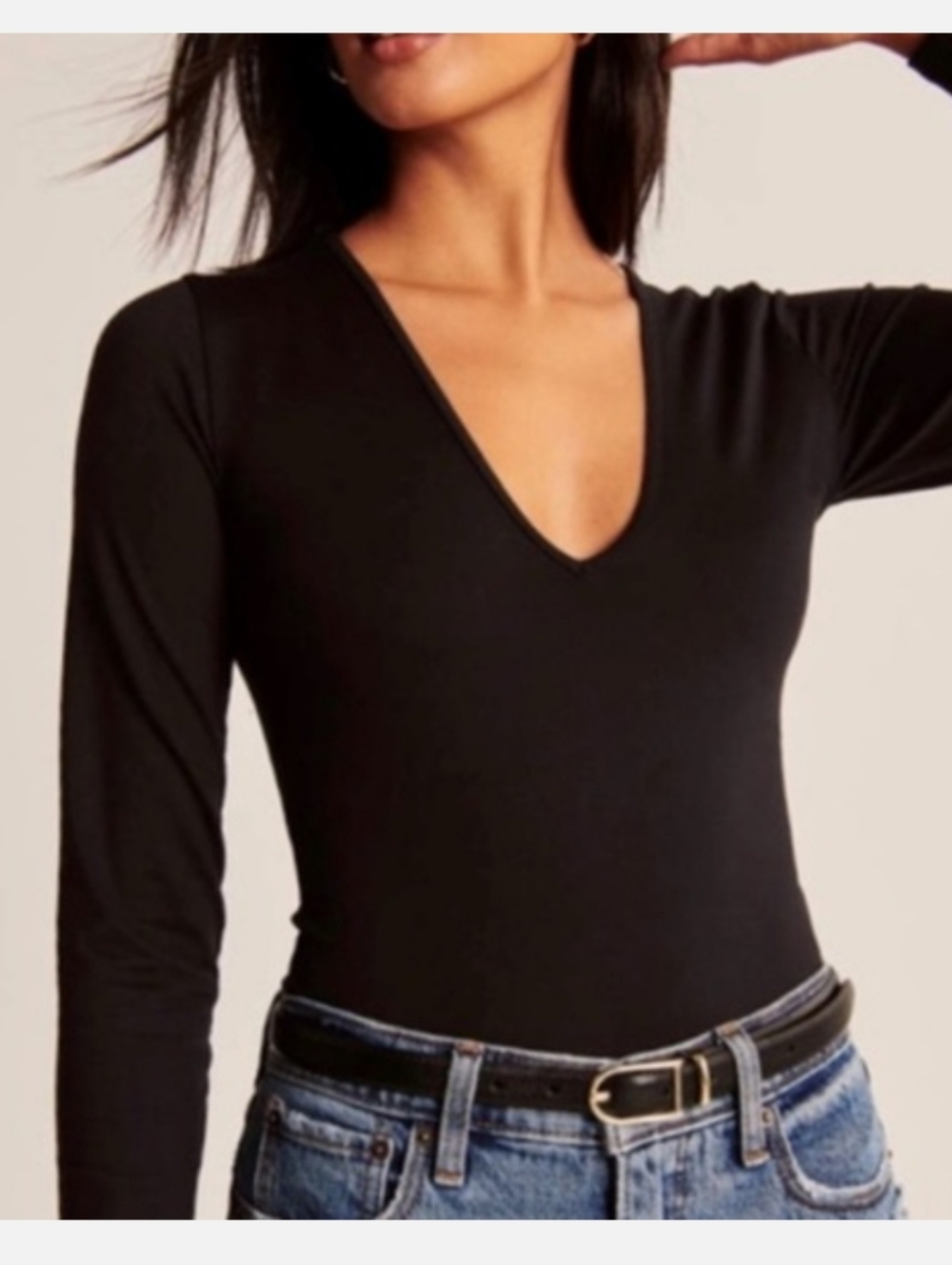 Abercrombie & Fitch Soft AF Black Long Sleeve V Neck Bodysuit Top Medium EUC